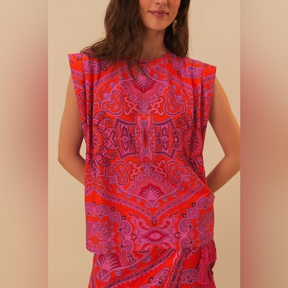 Farm Rio: Red and pink Paisley Scarf Shoulder PadBlouse